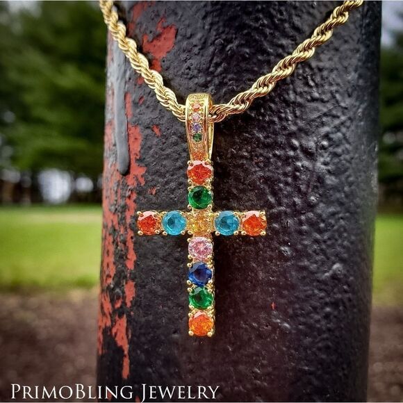 Multicolored Simulated Diamond Cross Necklace - Picture 3 of 4